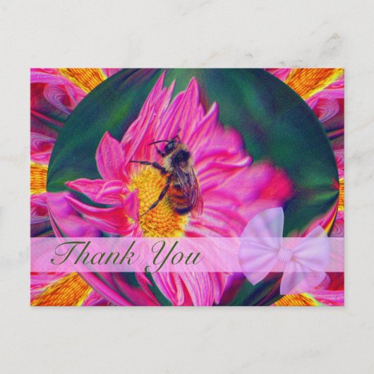 ハチとデイジー抽象花の感謝カード ポストカード (正面)