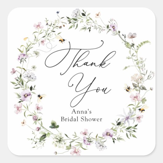 ハチとラベンダーのワイルドフラワーブライダルシャワー スクエアシール (正面)