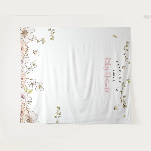 ハチと花のピンクのベビーシャワー写真用背景 タペストリー (正面(横))