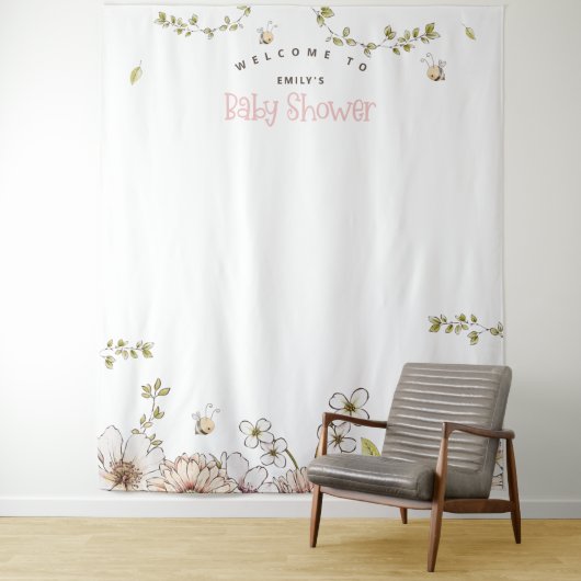 ハチと花のピンクのベビーシャワー写真用背景 タペストリー (インサイチュ)