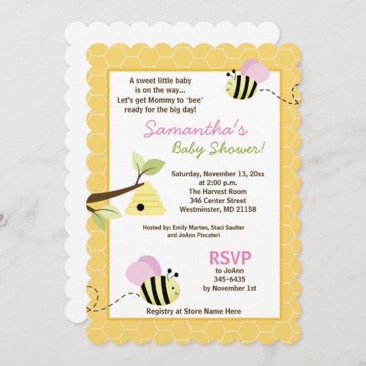 ハチのピンクの羽根の切り抜き ベビーシャワー招待状 招待状 (正面/裏面)