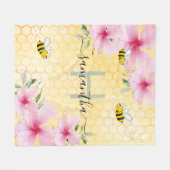 ハチのピンクの花模様黄色のハニカムモノグラム フリースブランケット (正面(横))