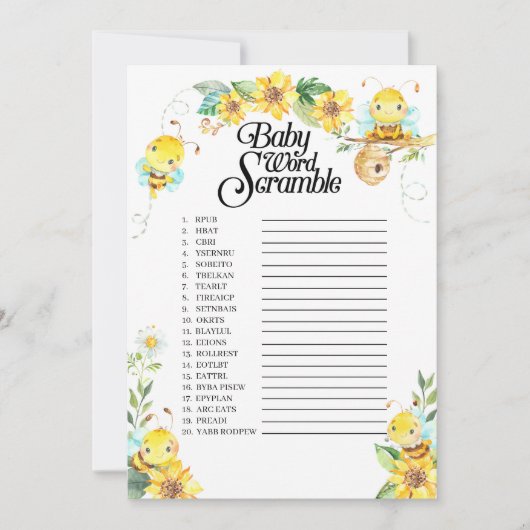 ハチのベイビーシャワーワードスクランブルゲーム 招待状 (正面)