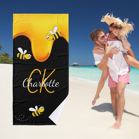 ハチの巣の蜂蜜がしたたるモノグラム 黒と金 バスタオル