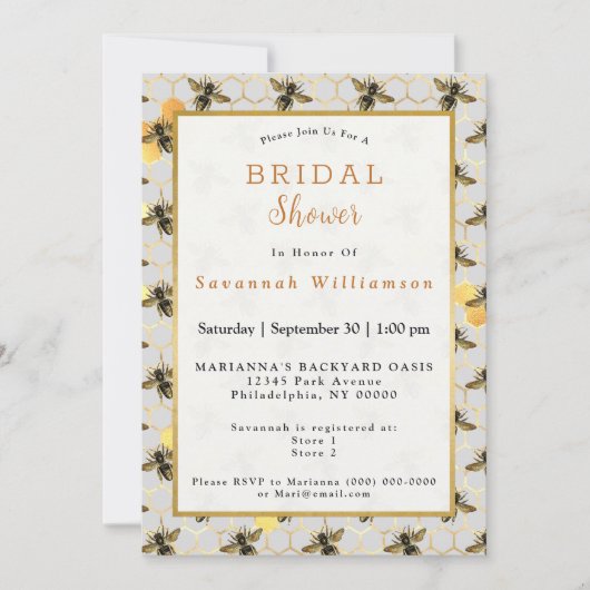 ハチの巣の黄金のウェディングシャワー 招待状 (正面)
