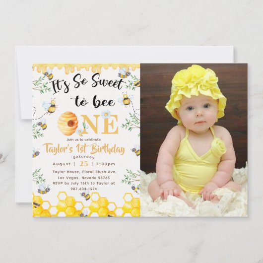 ハチの巣の1歳誕生日写真招待状 招待状 (正面)