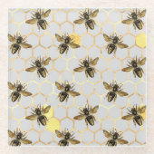 ハチの巣柄の黄色と金色 グレー ガラスコースター (正面)