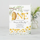 ハチの花飾り 私たちの小さなハチの赤ちゃんは1歳になります  招待状 (スタンド正面)