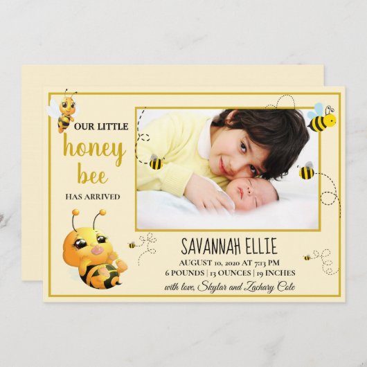 ハチの赤ちゃん誕生発表 招待状 (正面/裏面)