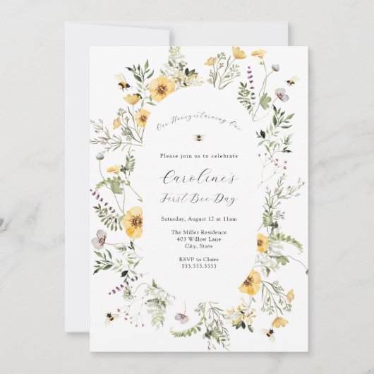 ハチの黄色い野生の花の誕生日 招待状 (正面)