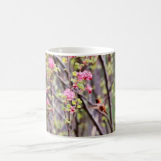 ハチドリおよびピンクの花 コーヒーマグカップ (中央)