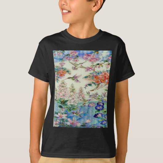 ハチドリおよび花のステンドグラスWOW Tシャツ (正面)