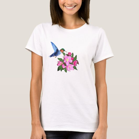 ハチドリとはっさくピンクの花 Tシャツ (正面)