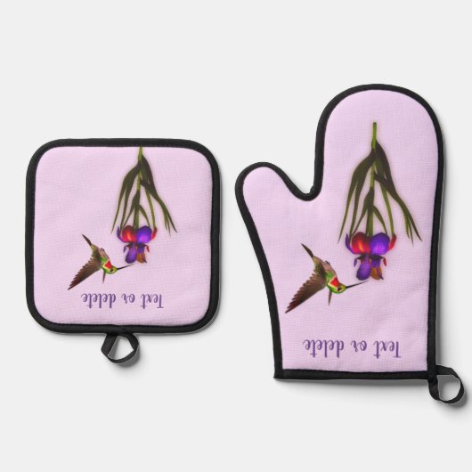 ハチドリとアヤメのパーソナライズされた花 鍋つかみ&鍋敷きセット (正面)