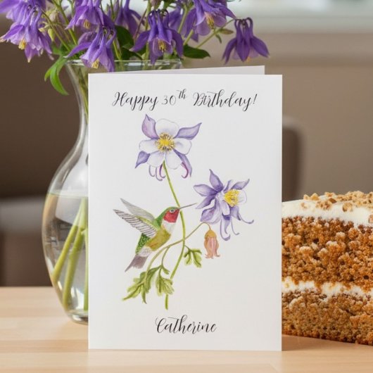 ハチドリとオダマキの花のモチーフで30歳の誕生日をお祝い カード
