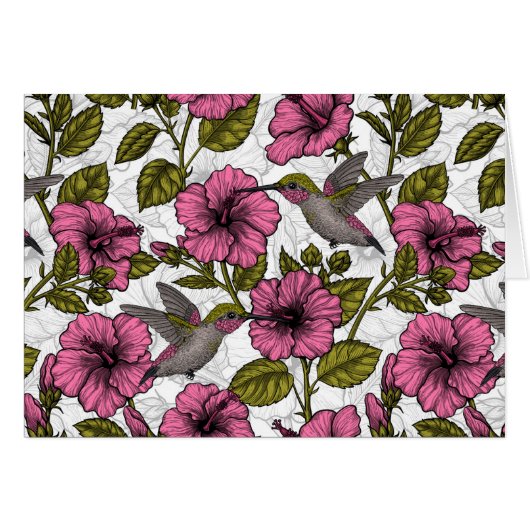 ハチドリとピンクのハイビスカスの花 (正面横)