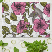 ハチドリとピンクのハイビスカスの花 キッチンタオル (折り畳み)