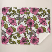 ハチドリとピンクのハイビスカスの花 シェルパブランケット (正面(横))