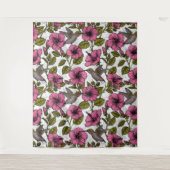 ハチドリとピンクのハイビスカスの花 タペストリー (正面)