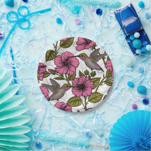 ハチドリとピンクのハイビスカスの花 ペーパープレート (パーティー)