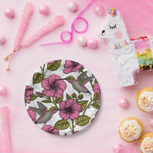 ハチドリとピンクのハイビスカスの花 ペーパープレート (パーティー)