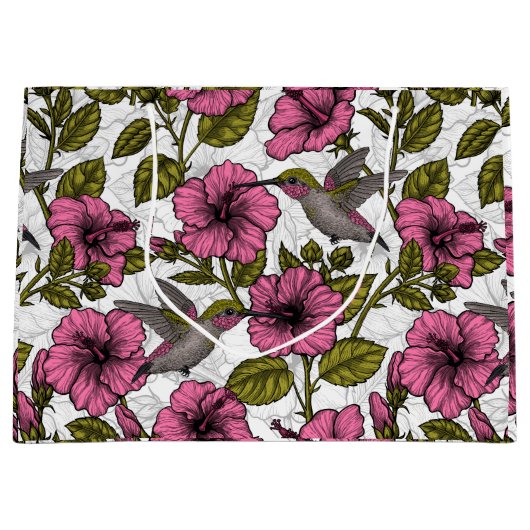 ハチドリとピンクのハイビスカスの花 ラージペーパーバッグ (正面)