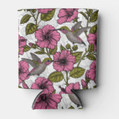 ハチドリとピンクのハイビスカスの花 缶クーラー (正面)