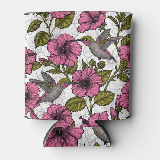 ハチドリとピンクのハイビスカスの花 缶クーラー (正面)