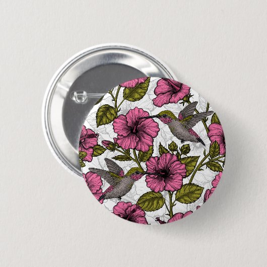 ハチドリとピンクのハイビスカスの花 缶バッジ (正面&裏面)