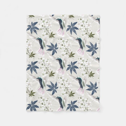 ハチドリと白い花。 フリースブランケット (正面)