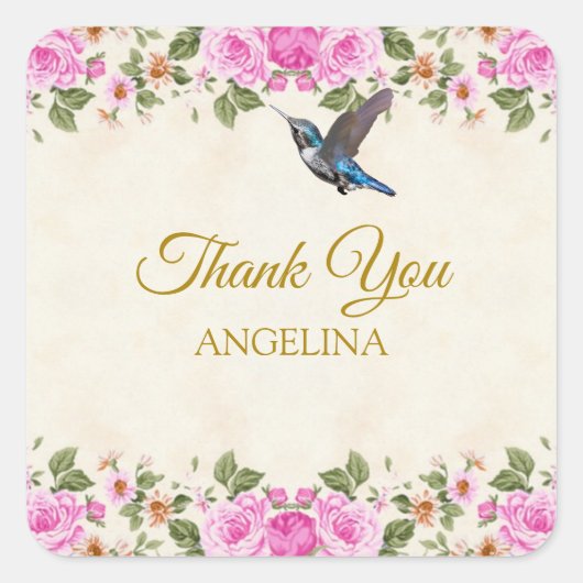 ハチドリと美しい花の「ありがとう」 スクエアシール (正面)