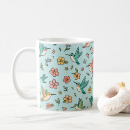 ハチドリと花のパターン コーヒーマグカップ