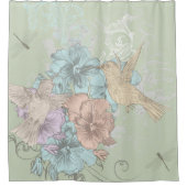 ハチドリと花の背景色が変わる シャワーカーテン (正面)