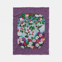 ハチドリと花（紫） フリースブランケット