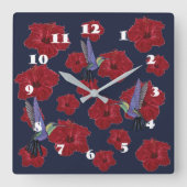 ハチドリのハイビスカスの花柄の芸術 スクエア壁時計 (正面)