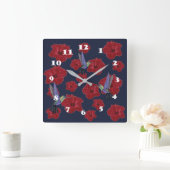 ハチドリのハイビスカスの花柄の芸術 スクエア壁時計 (ホーム)