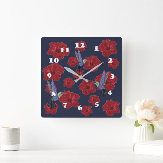ハチドリのハイビスカスの花柄の芸術 スクエア壁時計 (ホーム)