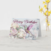 ハチドリの花およびハッピーバースデーの名前 カード (黄色い花)