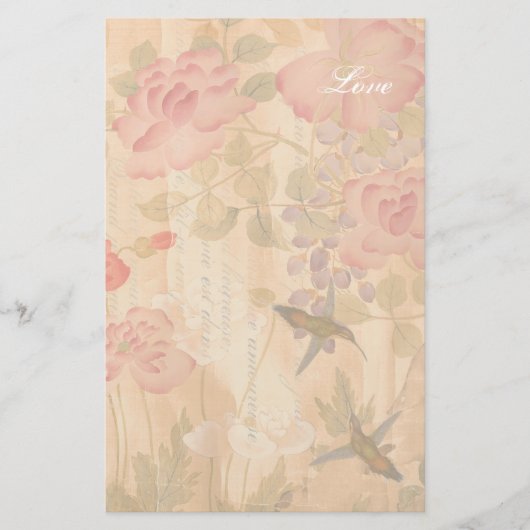 ハチドリの藤のバラの花の花柄の詩 便箋 (正面)