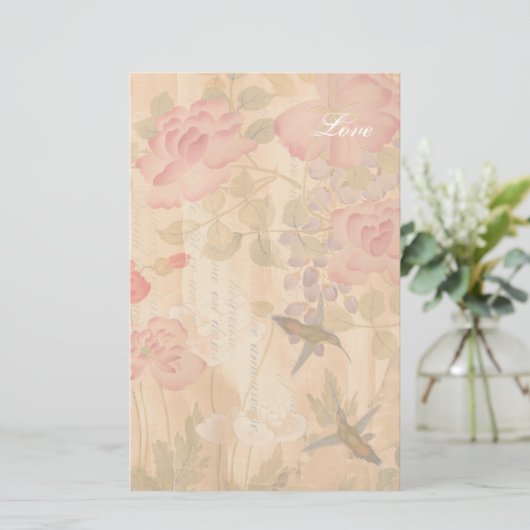 ハチドリの藤のバラの花の花柄の詩 便箋 (スタンド正面)