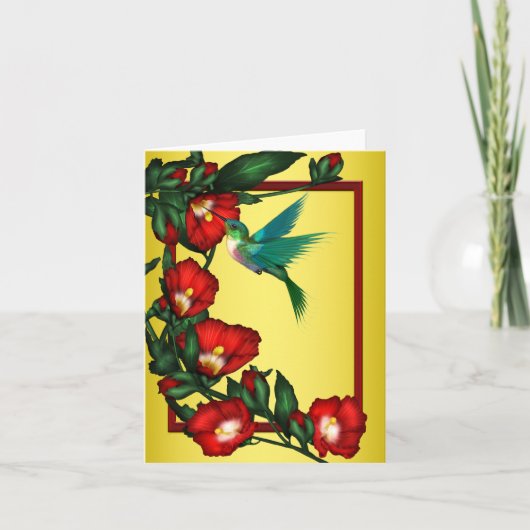 ハチドリの赤いハイビスカスの黄色のサンキューカード サンキューカード (正面)