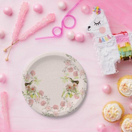 ハチドリの鳥のばら色のバラのつぼみによっては紙皿が開花します ペーパープレート (パーティー)