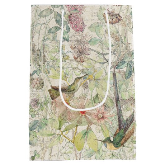 ハチドリの鳥のクローバーの野生の花のコラージュ ミディアムペーパーバッグ (裏面)