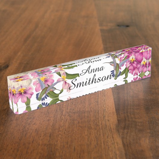 ハチドリの鳥のパンジー蘭によっては花柄が開花します デスクネームプレート (側面)