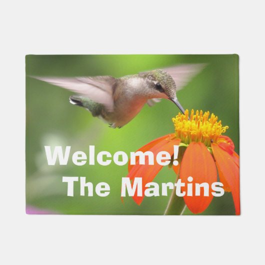 ハチドリの鳥のヒマワリの花の花柄の庭 ドアマット (正面)