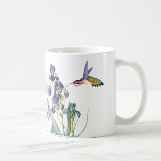 ハチドリの鳥の野性生物動物のアイリス花柄 コーヒーマグカップ (右)