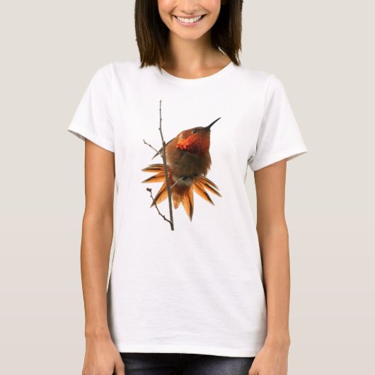 ハチドリの鳥の野性生物動物の花柄 Tシャツ (正面)