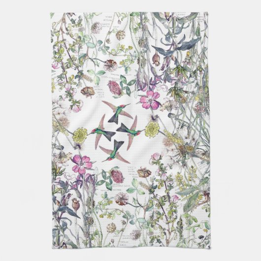 ハチドリの鳥の野生の花の花の台所タオル キッチンタオル (縦)