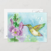 ハチドリのHollyhocksの水彩画の絵画 ポストカード (正面/裏面)