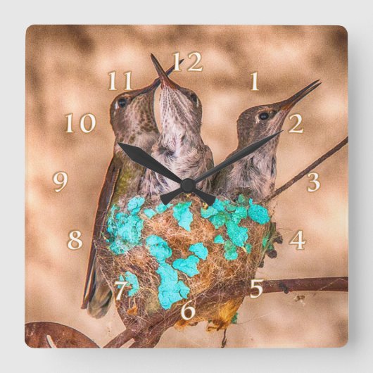 ハチドリベビーが放り出す スクエア壁時計 (正面)